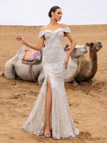 Faeriesty Đầm dạ hội đuôi cá trễ vai thanh lịch đính sequin và hạt cườm, cổ áo hình trái tim và điểm nhấn ngọc trai giả – Chân váy xòe đuôi cá ấn tượng, thích hợp cho đám cưới, dạ hội, tiệc trang trọng và các sự kiện thảm đỏ mùa xuân. - Màu be - Xem 6