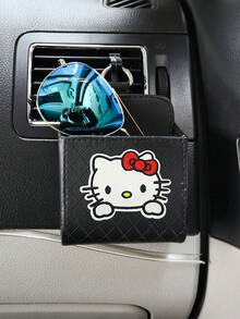 Sanrio 1 قطعة صندوق تخزين من الجلد للسيارة بشكل قطة باللون الأسود والبرتقالي والرمادي والبيج، حامل هاتف مثبت على فتحة التهوية