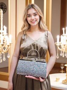 Glitter Sequin Evening Clutch Bag For Women - Metal Top Handle & Detachable Chain Strap, Sparkly Handbag For Party, Prom, Gala (Multiple Colors Available)