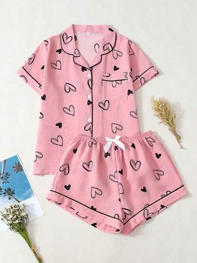 女士心形印花短袖和短裤睡衣套装