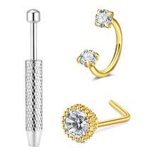 Nose Ring Studs 18G Nose Rings Hoops Stainless Steel Nose Rings Round Heart Star White CZ L Shaped Nose Stud With A Grabber Tool For Women Men Nose Piercing Jewelry Set