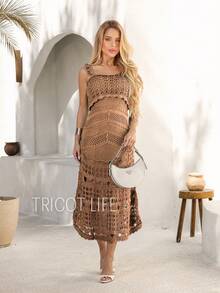 Women's Crochet Midi Dress, Lined, Elegant, New Year's Eve Party, Casual, Batal, Wedding, Gender Reveal - 摩卡棕 - 查看 3