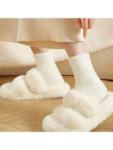 10pcs/5 Pairs Women's Super Soft Plush Socks - Comfortable Mid-Calf Design, Solid Color Styles Bring Double Warmth And Comfort, Mink Plush Socks, Mid-Calf Autumn/Winter Warm Socks, Thickened Fluffy Black And White Postpartum Sleep Fuzzy Socks