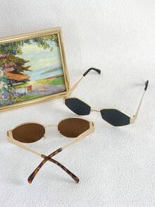 2pcs Women Fashion Glasses With Oval And Hexagonal Metal Frame New Vintage Style Polygon Glasses Daily Y2K For Beach, Vacation, Outdoor, Travel, Winter - 黑色/棕色 - 查看 3