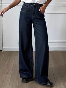 Livesso Plus Size Women Street Casual Loose Straight Leg Jeans, Tall Women - Dark Wash - View 6