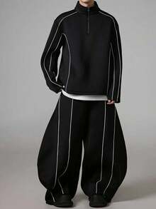 Herren Lässig Reißverschluss Schwarz Trainingsanzug, Loose Fit Sport 2 Stücke Set