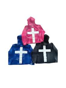 Women's Letter Hoodie - Oversized Streetwear Pullover With Cross Design On The Back And Distressed Details; A Hoodie With A Faith Theme; Men's Casual Sweatshirt - 粉色 - 查看 3