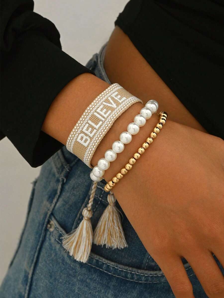 3pcs/Set Constellation Tassel Faux Pearl Beaded Bracelets, Suitable For Daily Wear - Khaki - View 1