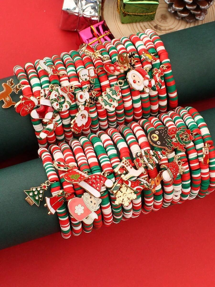 6/12/24 قطعة/مجموعة من اكسسوارات عيد الميلاد، سوار خرز من الطين الناعم، سوار هدية بابا نويل، اكسسوارات يدوية بألوان متباينة للأعياد