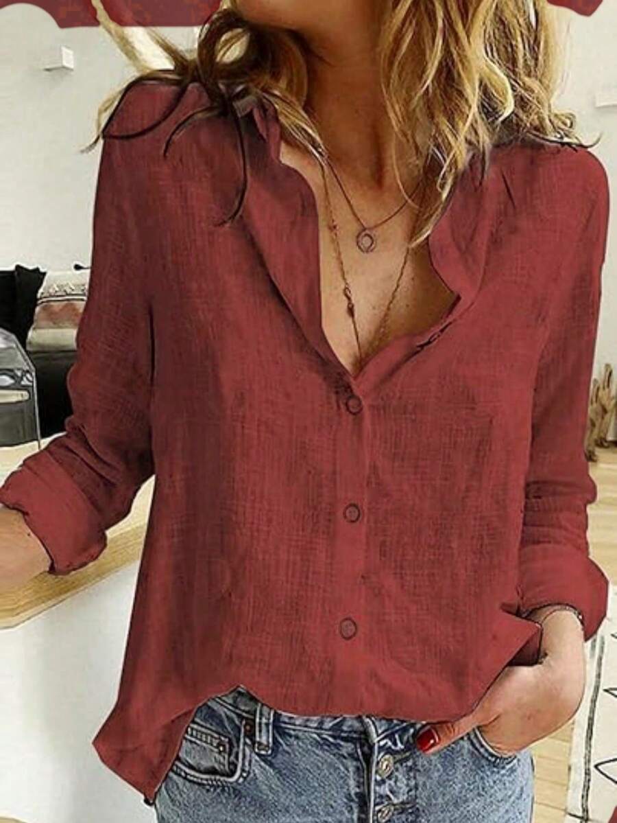 Solid Button-Up Shirt, Elegant Long Sleeve Collared Blouse