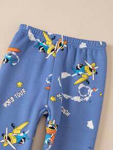 2 件套男童保暖内衣套装，蓝色飞机卡通印花家居服套装，厚秋冬儿童睡衣，长袖上衣和裤子 - 淺藍色 - 查看 7