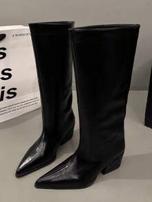 Women's Knee-High Boots, Pointed Toe Chunky High Heel, Black Boots, Burgundy Boots, Winter Boots, Solid Color Glossy, Elegant Women's Boots, Fashionable Thigh-High Boots, Tube Boots - Black - View 4