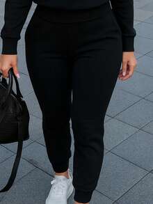 Conjunto de pants  Sudadera y pantalón  Felpa suave  Cuello redondo Estilo cómodo  Conjunto deportivo - Negro - Ver 4