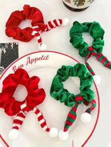 2pcs Christmas Hair Scrunchies With Fluffy Bow - Holiday Fabric Scrunchies, Suitable For Holiday Celebrations, Cute & Sweet Style, Red And Green,Gifts,Travel,Gifts For Women,Hair Stuff,Stocking Stuffers