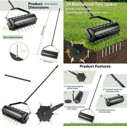 Uranshin Rolling Lawn Aerator Tool Heavy Duty Manual Push Aerator Lawn Tool With 39 PreAttached Spikes And 70" Adjustable Handle Lawn Spike Aerator Roller Suitable For Lawn Garden And Yard