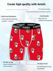 1-Pack Novelty Men's Shorts With Santa Claus Pattern Print, Made Of Polyester Elastic Fabric, Soft And Skin-Friendly, Quick-Drying And Breathable, Perfect Christmas Gift, With Letter Jacquard Waistband, Playful And Cute Home Casual Men's Long Flat-Angle Underwear