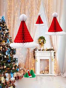 1/5pcs Red & White Christmas Honeycomb Hat, Christmas & New Year Shop Window & Indoor/Outdoor Decoration, Red Paper Honeycomb Ball Santa Hat, Tissue Paper Balls, Christmas Party Decor, Room Decoration