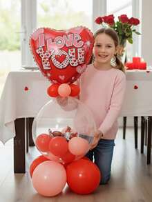 44pcs/Set Valentine's Day Party Decoration Balloon Set, Includes Giant Brown Bear Balloon, 18-Inch And 10-Inch Red Heart-Shaped Balloons, 18-Inch Red Printed "I Love You" Slogan Heart-Shaped Balloons, 18-Inch Clear Bobo Balloons, 10-Inch Red/Magenta/Macaron Pink Latex Balloons - Multicolor - View 9