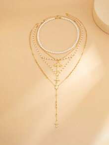 4pcs/Set 14k Gold Plated Multi-Layer Beaded Cross & Virgin Mary Necklace, Suitable For Vacation, Prayer, Baptism Wear - 金色 - 查看 4