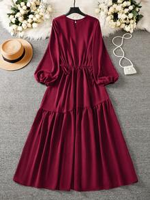 Women's Solid Tie Waist Ruffle Maxi Dress, Round Neck Button Long Sleeve Slim Fit, For Date, Vacation, Holiday, Home, Fall Winter Spring - Burgundy - View 4