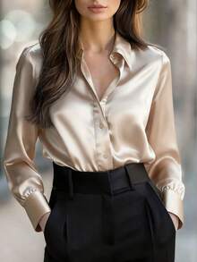 1pc Women's Long Sleeve Shirt Collar Shirt With Buttons, Suitable For Office And Casual Wear, Regular Style - Champagne - View 7