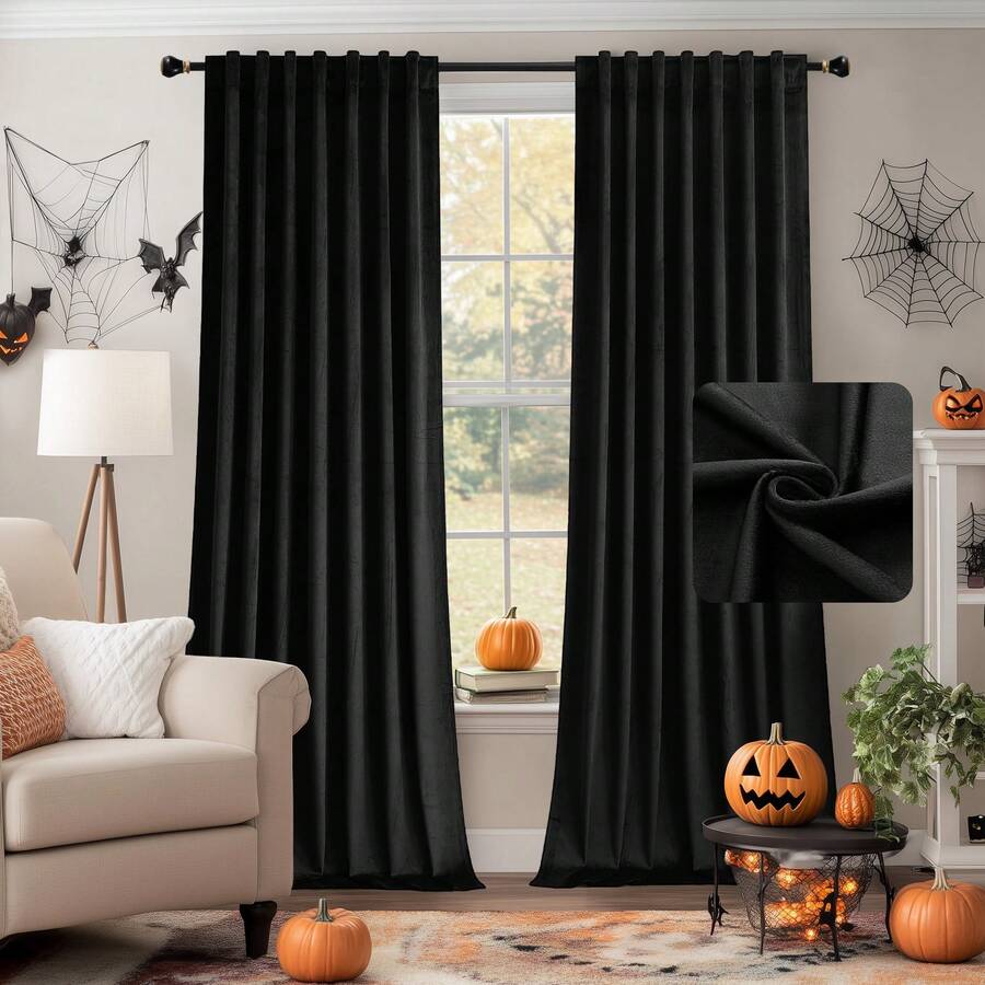 2 Panel Vintage Velvet Curtains, Back Tab Curtains For Living Room, Bedroom And Dining Room, Soft Drape With Good Home Decoration Curtains - 黑色 - 查看 1