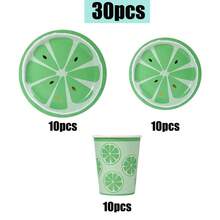 10/20/30 piezas, Platos de papel con limón verde, platos desechables de 7 pulgadas/9 pulgadas con puntos dorados, vasos de papel de 9 onzas, conjunto de platos y vasos de papel con frutas de verano, vajilla de fiesta con frutas cítricas para decoración de mesa de cumpleaños de bebé y ducha