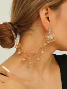 1 Set Fashionable Jewelry Set, Detachable Rhinestone Teardrop Earrings With Small Bell & Faux Pearl Tassel Earrings, Hair Accessories & Earrings Combo Set, Convertible To 4pcs Long Chain Jewelry, Suitable For Women's Daily, Festival, Wedding And Party Wear/Bridal Jewelry/Jewelry Gift - Fashion - View 3