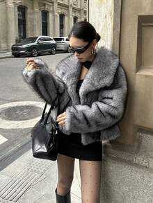 Luxurious Vintage Fashion Women's Thick Warm Jacket With Faux Fur Collar, Winter Coat, Soft Plush Fur - Grey - View 1