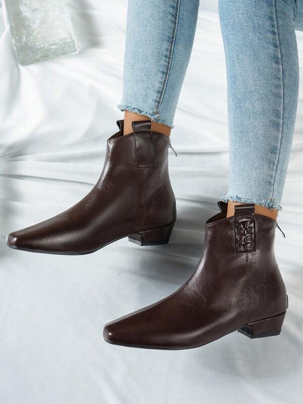 Damskie, modne, czarne botki na grubym obcasie, kwadratowe noski, amerykańskie botki do kostki, klasyczne, wygodne i uniwersalne buty na wysokim obcasie, w stylu western, z zamkiem błyskawicznym z tyłu, idealne na święta