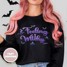 Feeling Witchy Sweatshirt, Cute Halloween Witch Crewneck, Funny Spooky Season Fall Sweater, Cozy Witchy Graphic Sweatshirt For Women