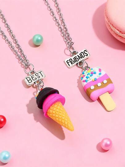 2pcs/Set Girls Creative Cartoon Rainbow Ice Cream Cute Necklace Set, Suitable For Sisters, Best Friends, Daily Jewelry Gift