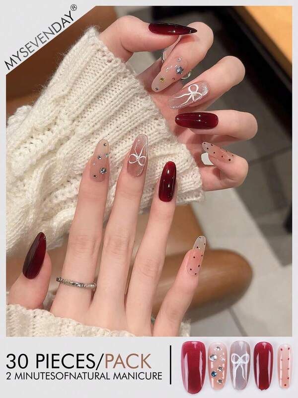 30 Peças de Unhas Postiças em Formato de Amêndoa/Placa de Unha Colorida com Pedras Brilhantes, Para Arte de Unhas de Menina Estilosa/Conjunto de Unhas Acrílicas Falsas com Ajuste Perfeito, Incluindo 1 Cola de Gelatina e 1 Lixa de Unha, Adequado para Trabalho Diário, Estudo e Reuniões de Mulheres no Outono e Inverno, Produtos de Unhas Adequados para Reuniões, Festivais e Uso Diário