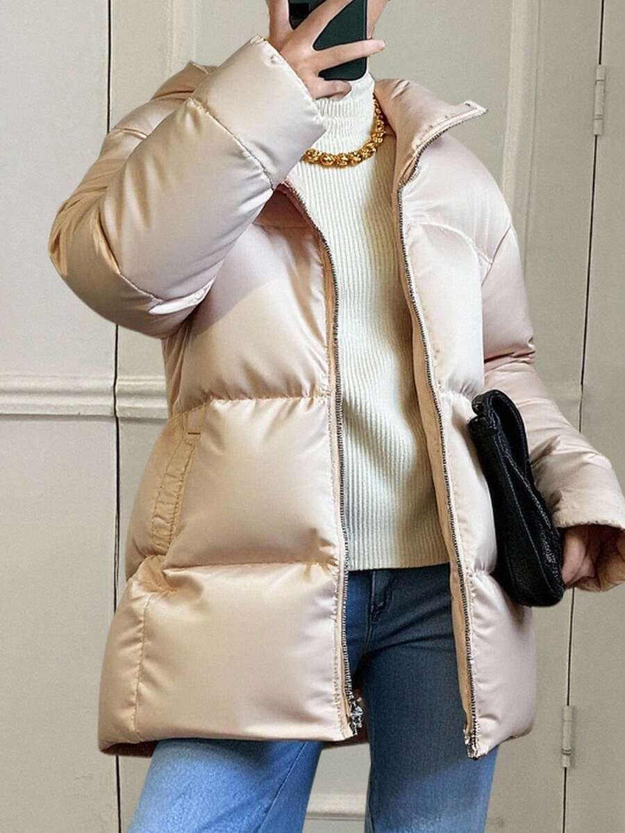 Livesso Women's Shiny Hooded Loose Fit Padded Coat, Warm & Lightweight Padded Coat, Luxurious Pearl Luster, Autumn/Winter Jacket - Apricot - View 1