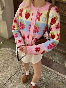 Gilet en tricot pour femmes, nouveau style automne/hiver, décontracté minimaliste, doux et polyvalent, retour à l'école, jacquard confortable, tout-aller, motif de fruits et de fleurs intarsia, col rond mignon