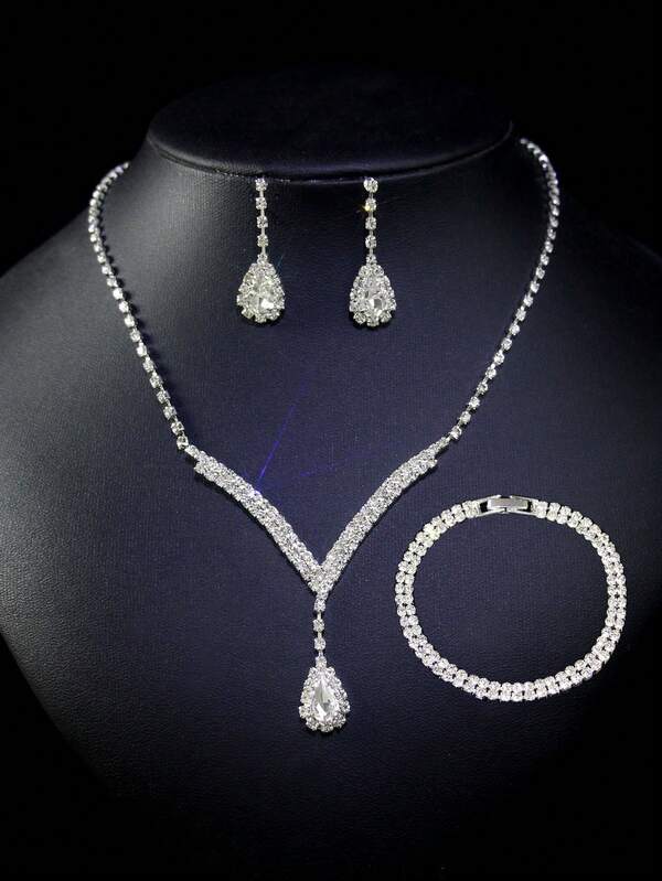 4pcs Luxury Bridal Rhinestone Water Drop Pendant Necklace Earrings Set, Sparkling Party Wedding Dress Accessories
