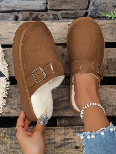 女士毛绒人造毛皮衬里厚底拖鞋，保暖卧室舒适高跟凉鞋，闭趾室内外休闲平底凉鞋