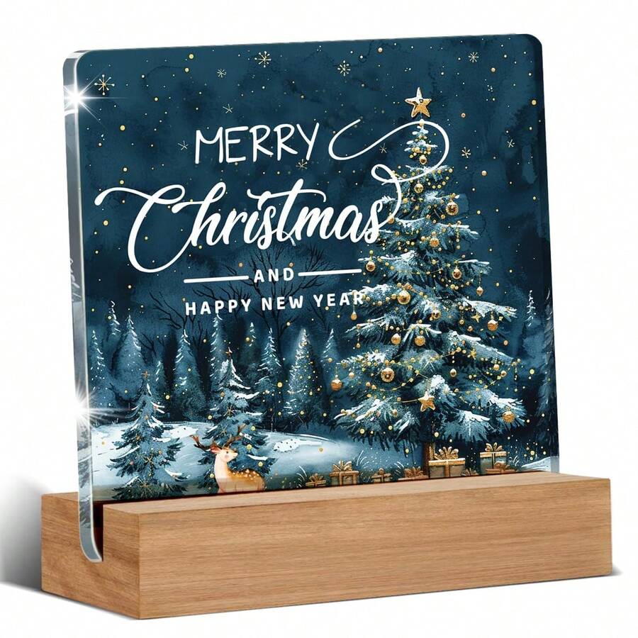 Panneau acrylique de renne de Noël bleu d'hiver, décoration de bureau Wonderland gelé - Joyeuses fêtes et bonne année, décorations de Noël bleu givré pour la maison, centre de table élégant