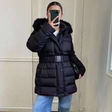 Livesso Women's Hooded Cotton Padded Coat With Fur Collar, Waist Cinched Winter Jacket - Black - View 7