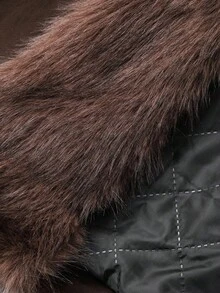 Livesso 女式宽松夹棉大衣，配拼布毛领人造皮草大衣夹克 - 棕色 - 查看 5