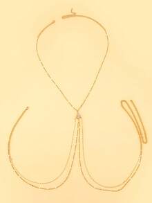 1 pieza Cadena de pecho con forma de X de varias capas de moda, accesorio de joyería corporal cruzada con corazón doble sexy para mujer, regalo