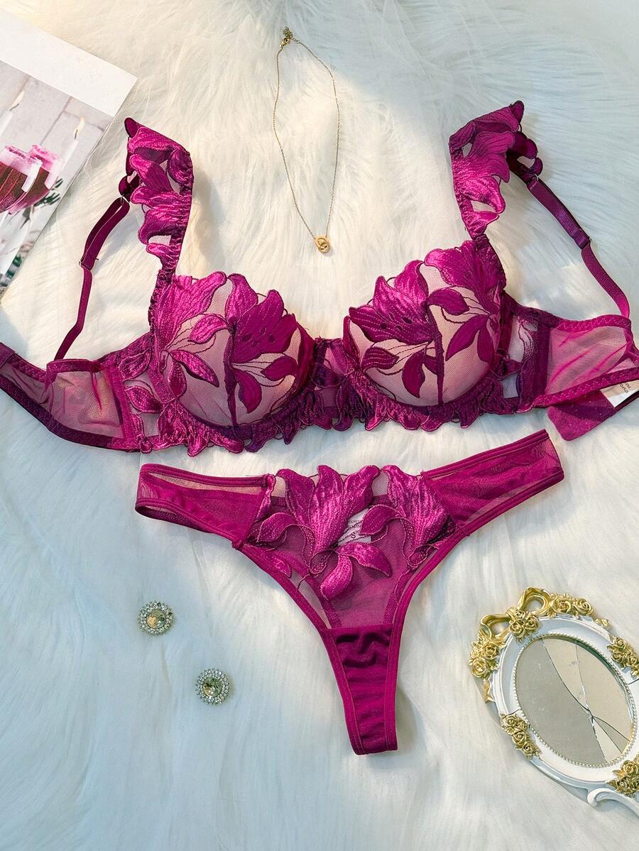 New Women's Fashionable & Charming Lace-Mesh Paneled Lingerie Set With Purple Floral Embroidery – A Romantic Surprise For Her - Màu tím - Xem 1