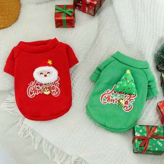 Pet Christmas Sweatshirt, Spring/Autumn Festive Bell Decorative Outfit, Santa Claus Style Cat/Dog Outdoor Apparel