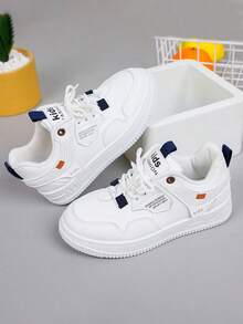 Zapatos deportivos para niños, zapatos de tenis casuales para niños transpirables y de moda, con punta redonda y cordones, adecuados para zapatos casuales diarios. - Blanco - Ver 5