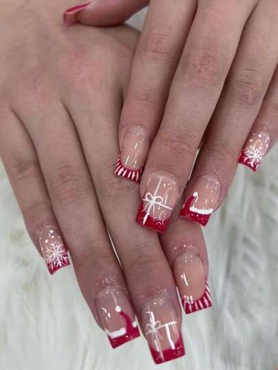 Upgrade Your Look,24Pcs Mid Square Full Coverage Glossy Fasle Nails For Women,Christmas Snowflake Christmas Hat Bow Design Red And White Striped French Manicure,Minimalist, Romantic, Elegant, And Fashionable Style
