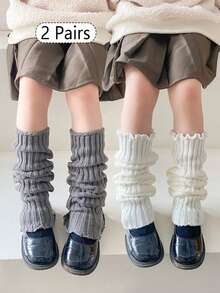 2 双/4 双儿童/青少年针织腿套，罗纹脚踝腿套，保暖腿套，秋冬时尚纯色，白色、黑色、卡其灰色，荷叶边，适合日常穿着和礼物