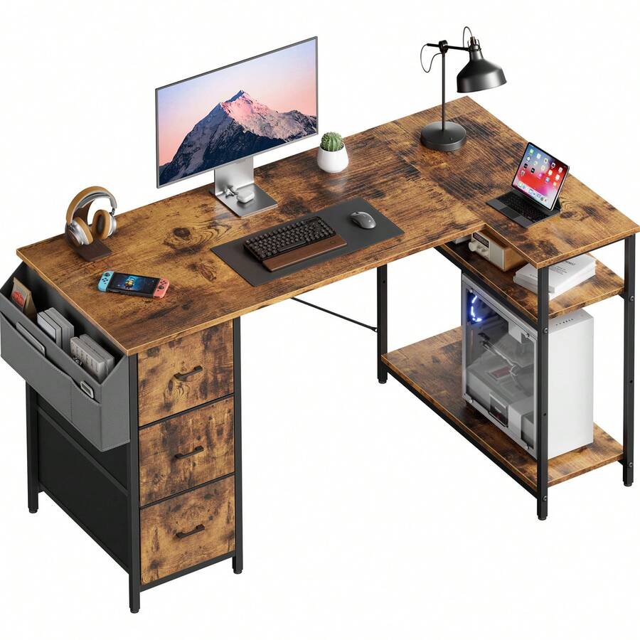 HLONONE Desk 120/140 Cm With 3 Fabric Drawers & Storage Bag, Corner Computer Desk With Shelves For Office & Home Office, 4 Colors - 棕色 - 查看 1