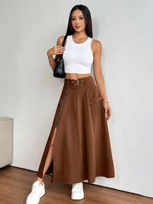 Falda con abertura y cremallera de moda para mujer, primavera - Óxido marrón - Ver 3