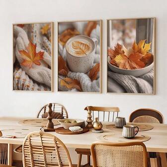 3 Stücke/Set, Ahornblatt Kaffee Kunstdrucke, Küchen Wandkunst, ungerahmter botanischer Herbstkunstdruck, Geschenke für Kaffeeliebhaber, Herbstdekoration, Café Poster, gemütliche warme Heimdekoration, Leinwandkunst für Wohnzimmer, Schlafzimmer, Esszimmer, Büro, Studentenwohnheim, Raumdekoration