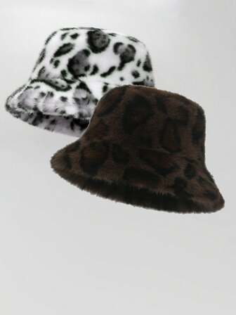 1 pieza Nuevo sombrero de cubo de mujer de estampado de leopardo de otoño/invierno casual para mujeres y hombres, sombrero de cubo grueso y cálido de felpa para exteriores